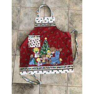 Vtg 90s Precious Moments Christmas Full Apron Red Handmade With Pocket